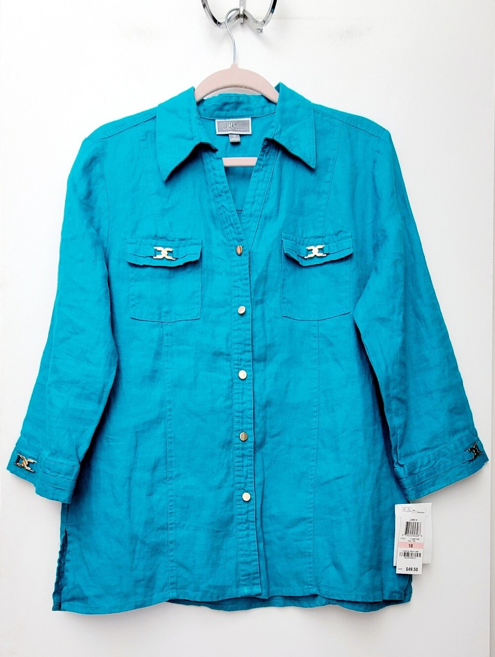 JM Collection Teal Tide Blue 100% Linen Blouse Size 10 New